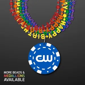 Happy Birthday Beads Necklaces w/ Blue Poker Chip Medallion