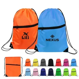 Large Polyester Drawstring Backpack W/Front Zipper Pocket