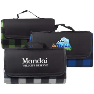 Picnic Blanket w/ Grid Pattern Design & Woven Handle Roll Up | https://www.bestnamebadges.com