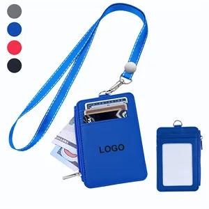 PU Leather ID Badge Holder Wallet With Lanyard