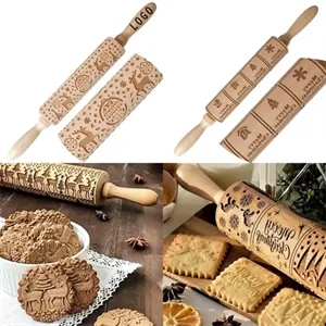 Festive Engraved Wooden Cookie Rolling Pin
