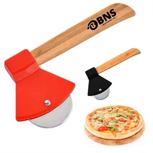 Axe Pizza Cutter with Bamboo Handle and Sharp Rotating Blade
