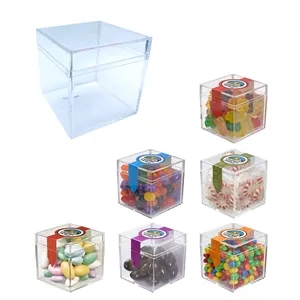 Cube Shaped Acrylic Container With Candy | https://www.bestnamebadges.com