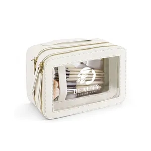 Clear Double Layer Cosmetic Bag With PU Leather Trim
