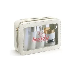 Clear PVC Travel Cosmetic Bag With PU Leather Trim