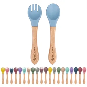 Wooden Handle Silicone Toddler Fork And Spoon Set