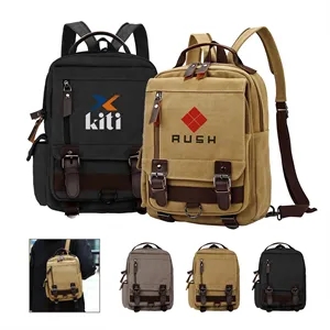 Vintage Canvas Backpack Travel Rucksack W/Leather Trim