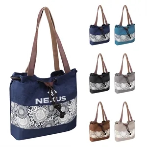 Drawstring Canvas Bucket Shoulder Bag W/ Magnetic Snap