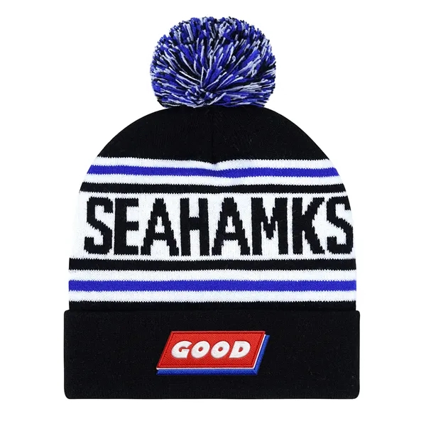 Stylish Jacquard Knit Pom Beanie With Embroidery