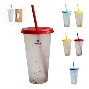 24Oz Clear Frosted Plastic Cup W/ Lid & Straw