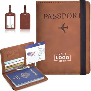 RFID Blocking Leather Passport Wallet Holder Luggage Tag Set
