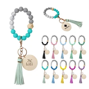 Silicone Bead Bracelet Keychain Wristlet Key Ring W/Tassel