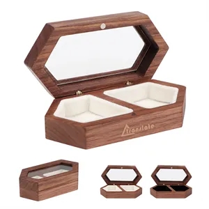 2 Slots Wooden Ring Box For Wedding W/ Clear Window