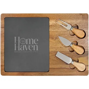 13 3/4"x9 3/4" Acacia Wood/Slate Rectangle Cheese Set