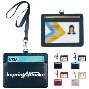 Horizontal PU Leather Zippered ID Card Wallet with Lanyard
