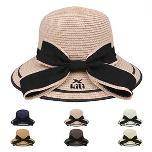 Wide Brim Bow Straw Beach Hat W/ Chin Strap