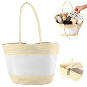 Eco Straw Beach Tote Bag with Cotton Panel and Long Handle