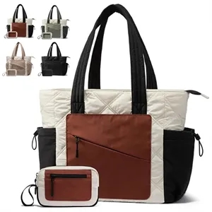 Nylon Color Block Tote Bag Set with Pouch for Everyday Use