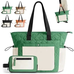 Two Tone Nylon Multi Pocket Tote Bag with Detachable Pouch