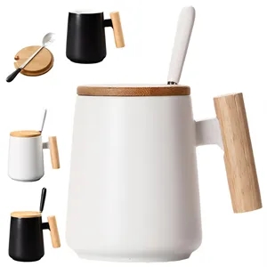 14 oz. Ceramic Mug with Wooden Handle, Lid and Spoon