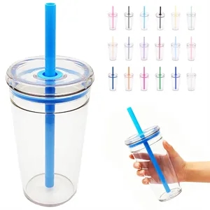 15 oz. Clear Plastic Tumbler w/ Color Straw and Custom Logo