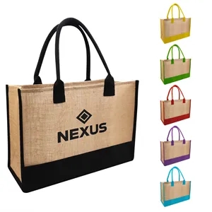 Reusable Two Tone Burlap Shopping Tote Bag 17"x11.8"x7.9"