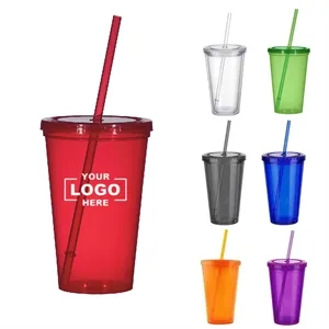 16 oz Custom Double Wall Acrylic Tumblers With Straw
