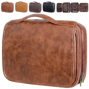 Large PU Leather Hanging Toiletry Bag with Handle