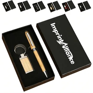 Bamboo Ballpoint Pen And Rectangular Keychain Gift Set