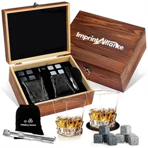 2-Person Whiskey Gift Set w/Glasses & Stones & Felt Coasters