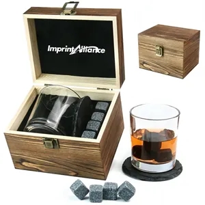 Premium Single Whiskey Glass & Stone Gift Set w/Slate Coaste