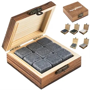 9-Piece Granite Whiskey Stone Set in Wooden Storage Box