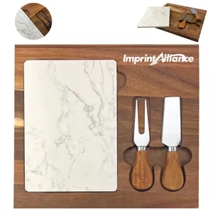 Acacia Wood & Marble Cheese Board Set w/ Integrated Tools