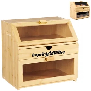 3-Tier Bamboo Bread Box w/ Utensil Drawer & Display Windows