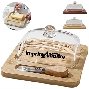 Wooden Butter Dish & Cake Server w/ Glass Dome & Knife Slot