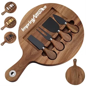 Wood Paddle Cheese Board w/ Back & 4-Piece Black Knife Set