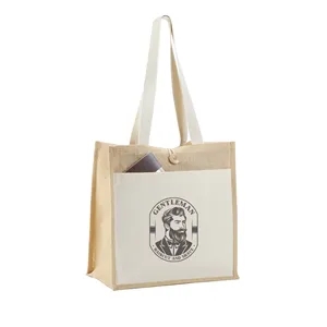 Jute Tote with Cotton Pocket & Secure Closure | https://www.bestnamebadges.com