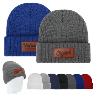 Custom Cuffed Knit Beanie With Faux Leather Patch