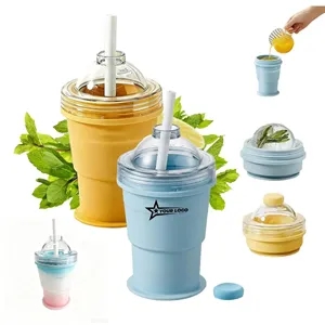 2 in 1 Collapsible Silicone Ice Ball Maker Cup with Straw