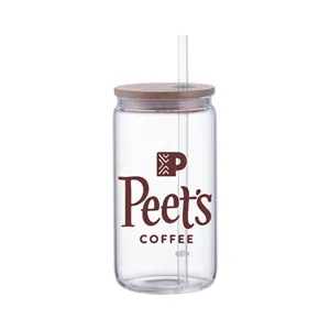 Union Printed - 18 Oz. Can Glass w/ Bamboo lid & Straw