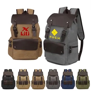 Vintage Canvas Backpack Travel Rucksack W/ Leather Flap