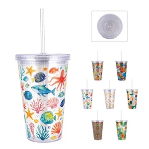 16Oz Full Color Double Wall Clear Tumbler W/ Lid & Straw