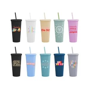 24oz Custom Double Layer Frosted Plastic Tumbler with Straw