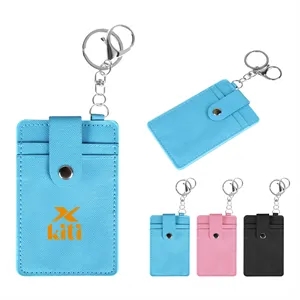PU Leather ID Card Badge Holder With Keychain