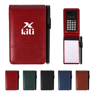 Leather Business Pocket Notepad W/ Calculator & Pen