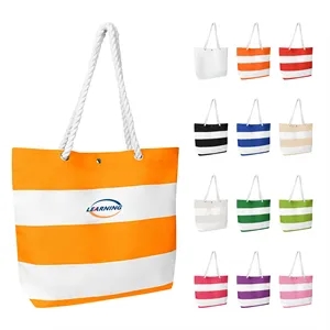 Striped Canvas Large Shopping Tote Bag W/ Rope Handle