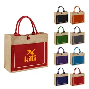 Large Jute Grocery Tote Bag W/ Pocket & Button Closure