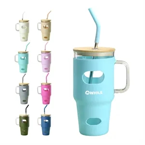 Glass Bottles Silicone Sleeve Bamboo Lid Straw