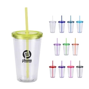 16 oz Double Wall Plastic Cup with Lid and Straw