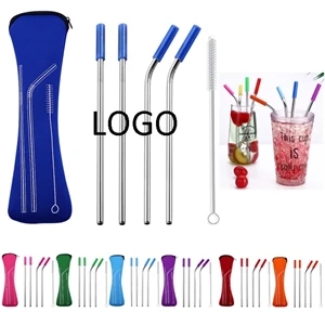 4pcs Blue Color Reusable Stainless Steel Straw With Brush